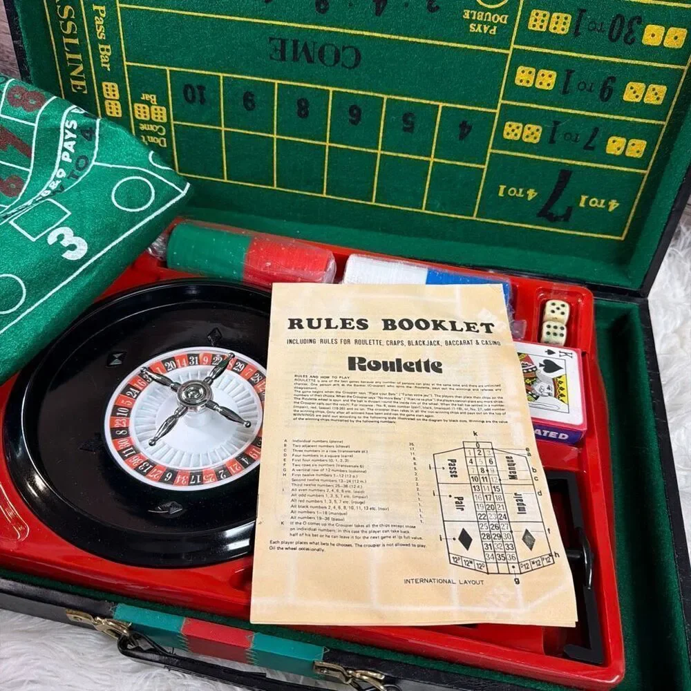 Vintage Casino Game Set/Case Roulette Craps Poker Chips Cards Baccarat Flawed